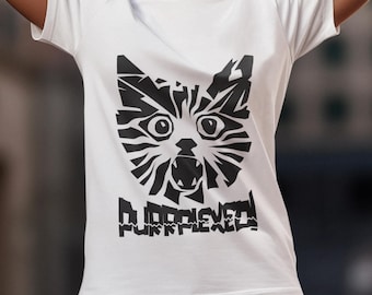 May include: White t-shirt with a black and white graphic of a cat's face and the text "PURRPLEXED".