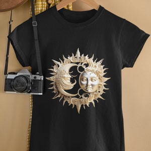 Sun Moon Symbol T-Shirt: Celestial Harmony, Metallic Effect
