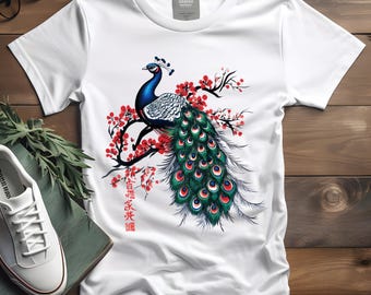 Royal Blue Peacock Print T-Shirt: Bird Lover Gift