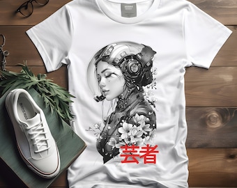 Robot Geisha T-Shirt: Cyberpunk Sakura Blossom Design