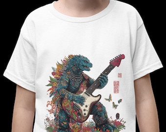 Godzilla Playing Guitar Kids T-Shirt | Dinosaur Music Tee