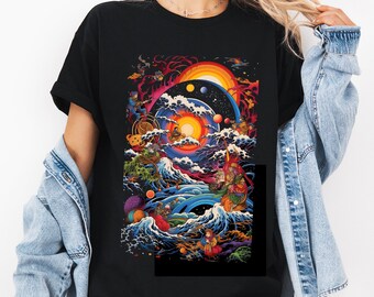 Japanese Celestial T-Shirt: Vintage Cosmic Art Graphic Tee