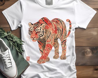 Majestic Asian Tiger T-Shirt: Floral Graphic Print, Heavy Cotton Unisex Tee