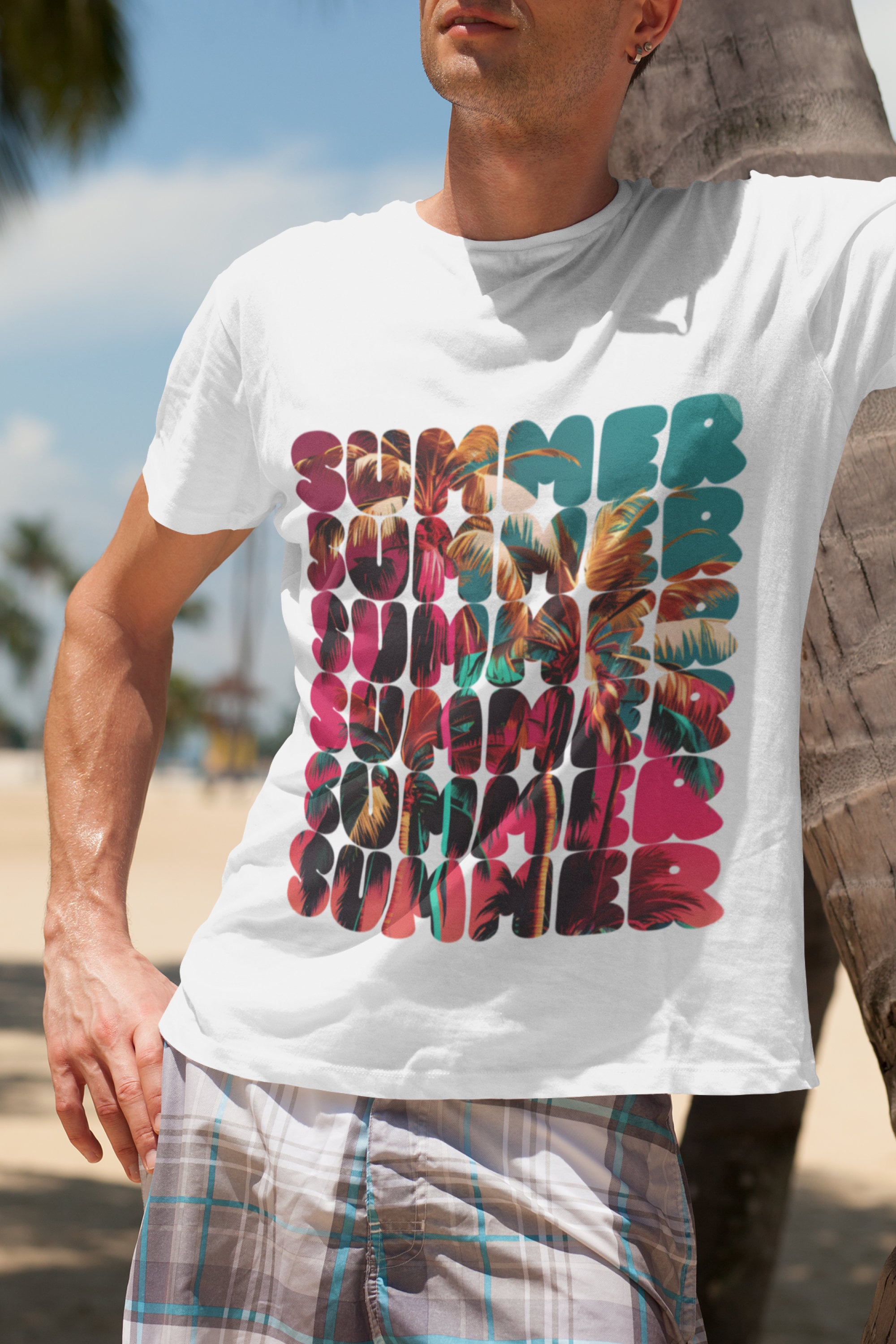 サマーパームツリーTシャツ：ユニセックスヘビーコットンビーチTシャツ