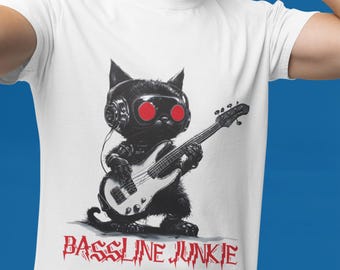 Cyborg Cat Bass Guitar T-Shirt: Street Art Style, Music Lover Tee
