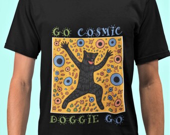 Dancing Black Dog T-Shirt: Cosmic Doggie Design
