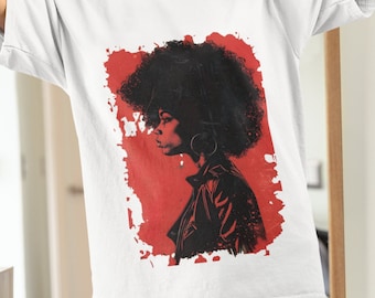Funky Afro Woman Stencil T-Shirt: Red Ink Splash Design