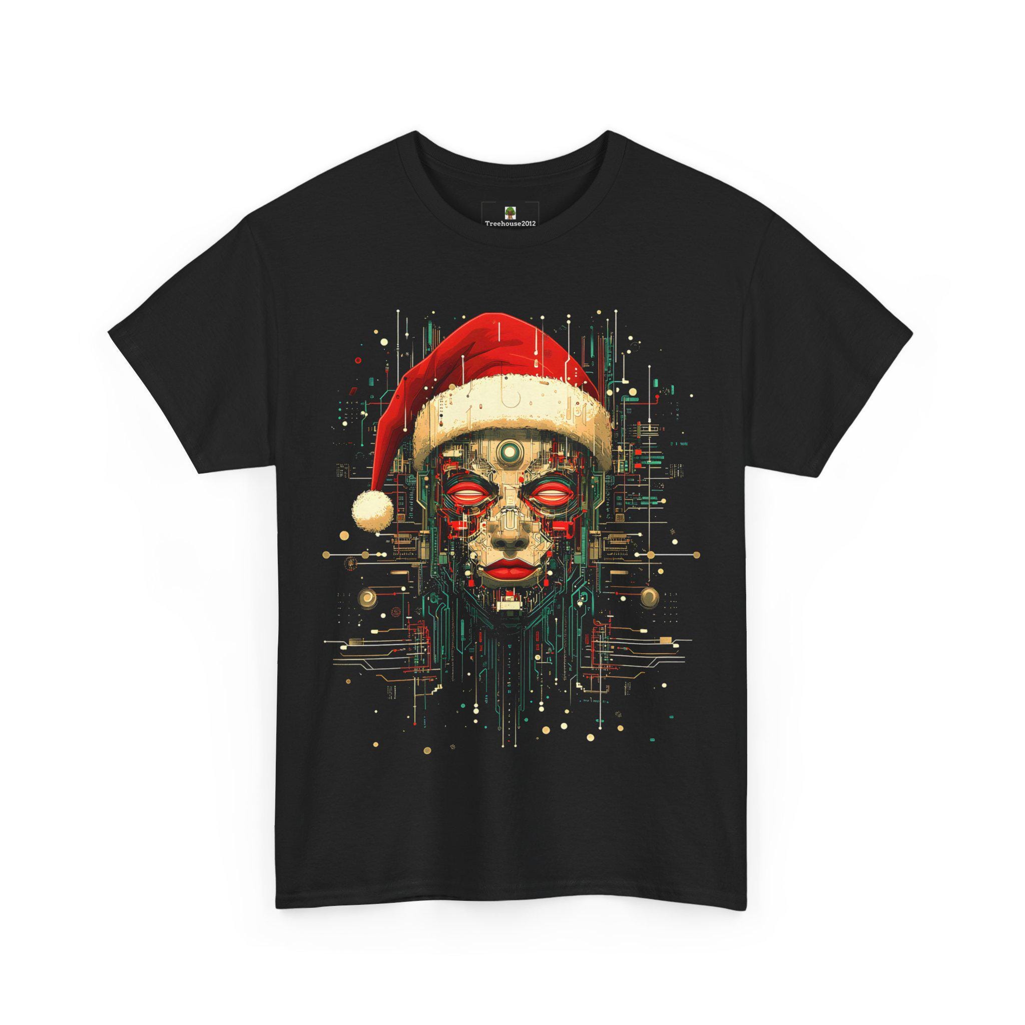 クリスマスサイバーパンクスカルTシャツ：未来的なサンタロボットT 