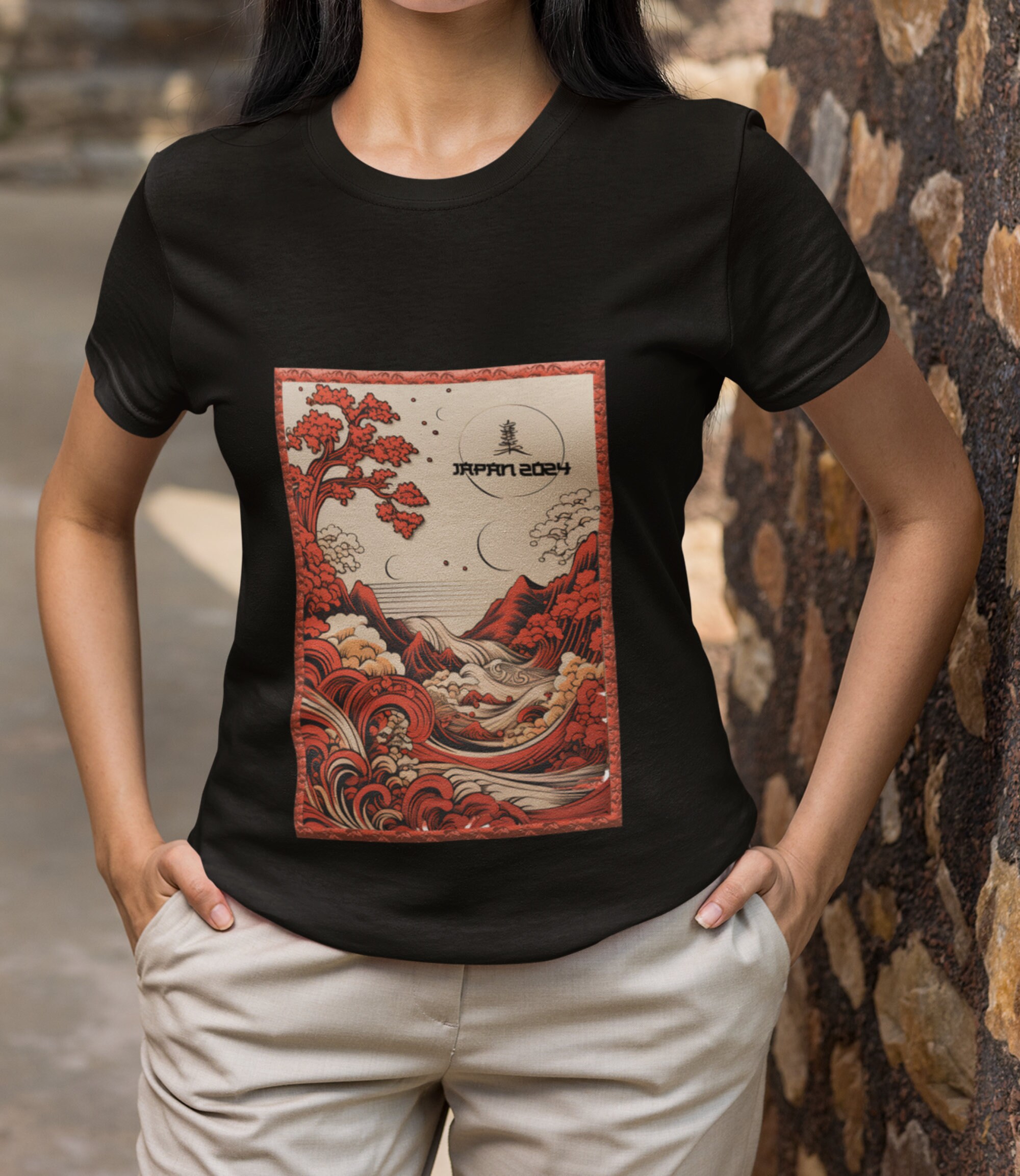 Japanese River View T-shirt: Lotus Tree, Mountain Art - Japan 2024