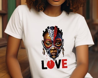 Afro Mask Face Tee with LOVE Graphic T-Shirt | Cultural Portrait Tee