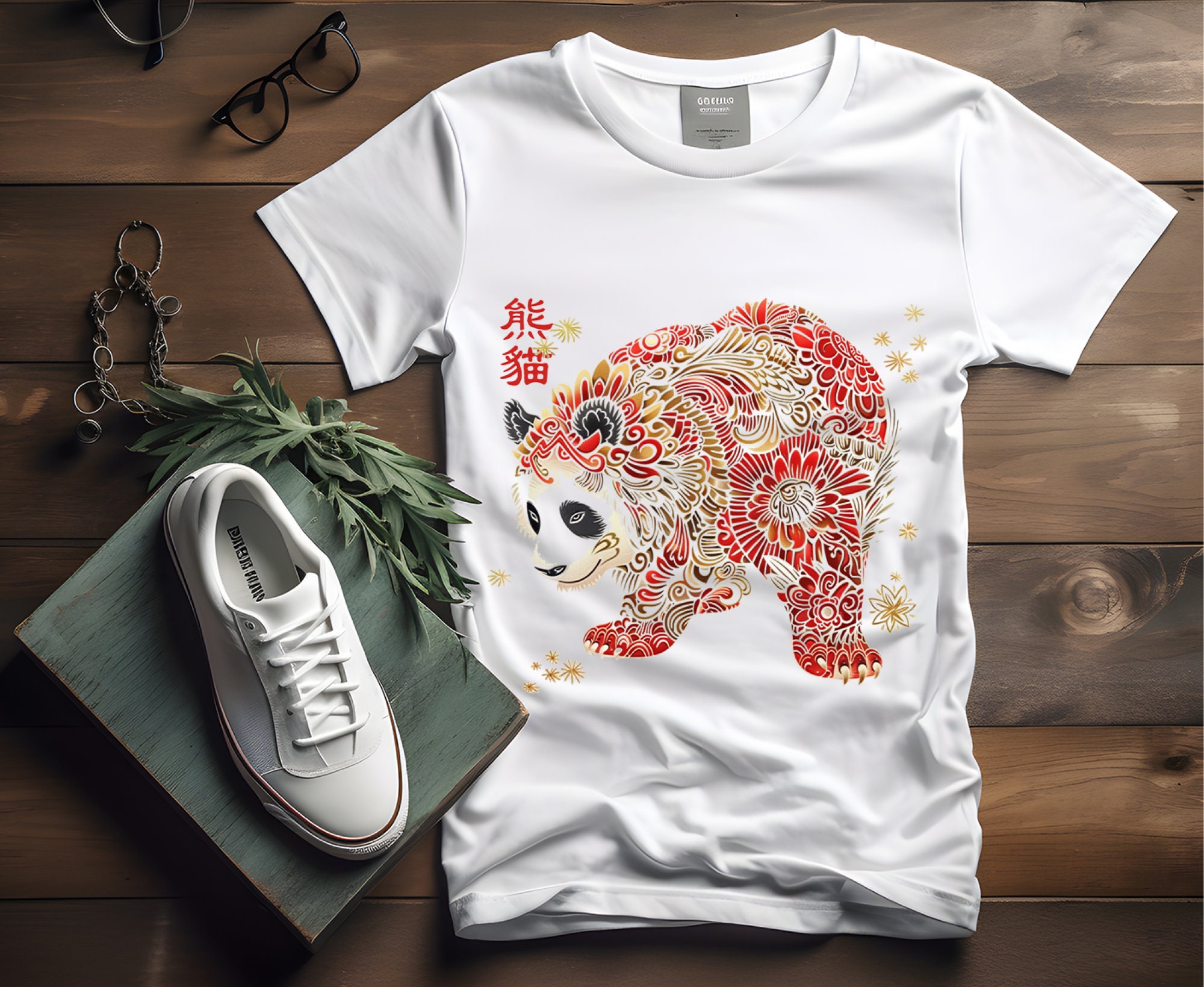 Maglietta Panda Floreale: Stampa Orso Kanji Cinese