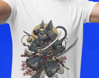 Camiseta de algodón de gato samurái: Camiseta de arte manga anime