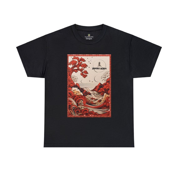 Japanese River View T-shirt: Lotus Tree, Mountain Art - Japan 2024