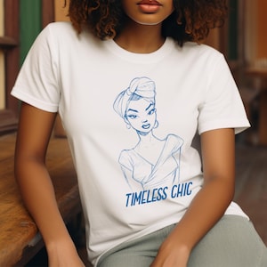 Camiseta elegante atemporal, camiseta de moda de los años 50, camiseta de dibujos animados de mujer negra, camiseta de arte con pañuelo en la cabeza retro, camiseta de mujer afro funk retro