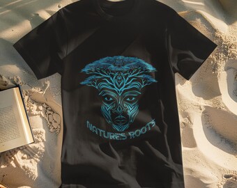 Puede incluir: Camiseta negra con un gráfico azul de una cara con elementos de árbol y el texto "NATURE'S ROOTS". El diseño está centrado en la camiseta. La camiseta se muestra sobre una superficie arenosa.
