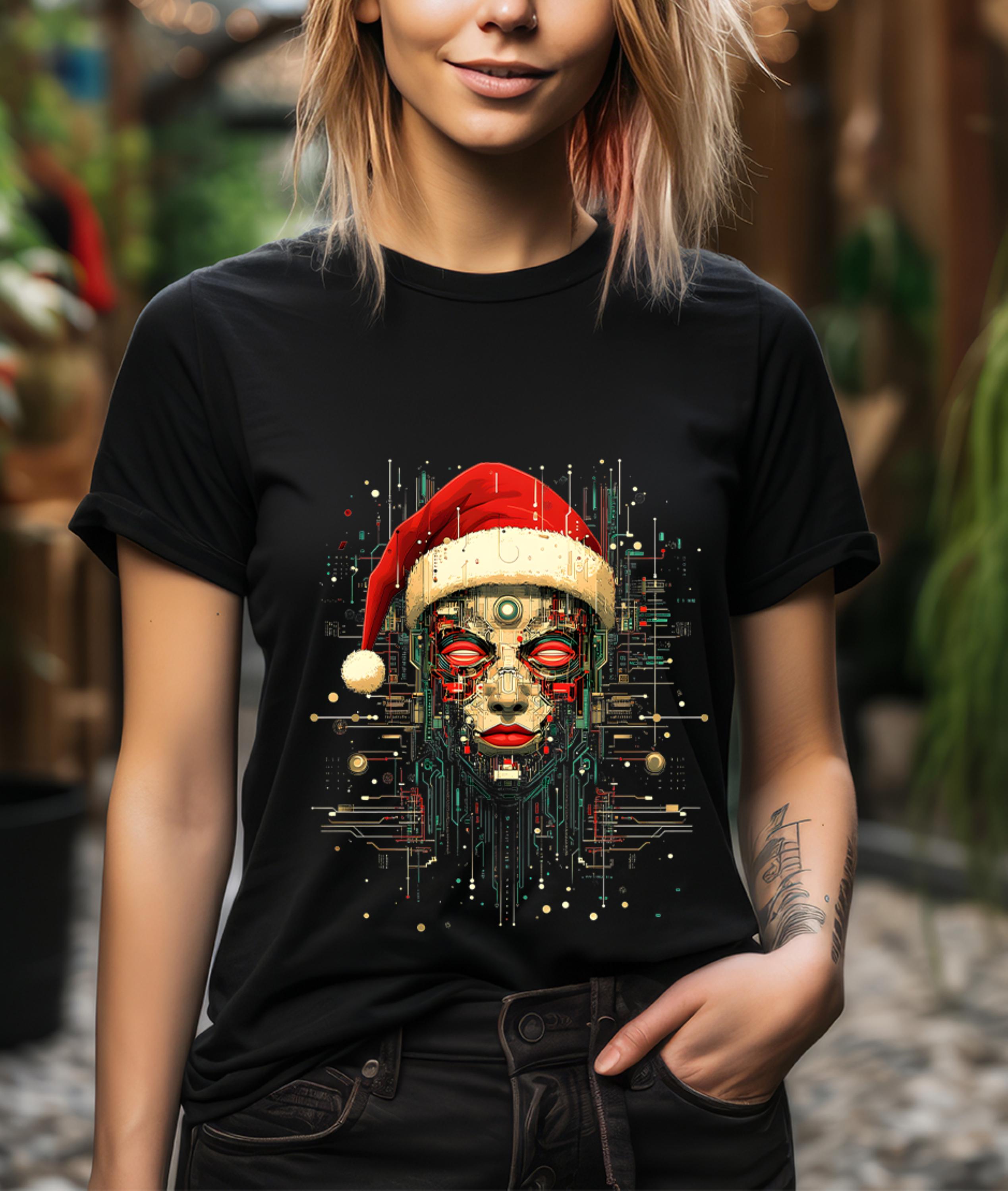 クリスマスサイバーパンクスカルTシャツ：未来的なサンタロボットT
