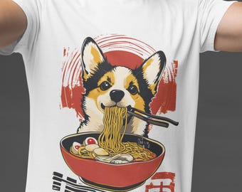 Retro Dog Ramen T-Shirt, Cute puppy Tee, Vintage Poster Graphic Shirt, Unisex Heavy Cotton Top, Funny Animal Gift, Food Lover Clothing