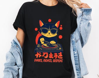 Cat DJ T-Shirt: Retro Kitty Music Lover Tee with Kanji