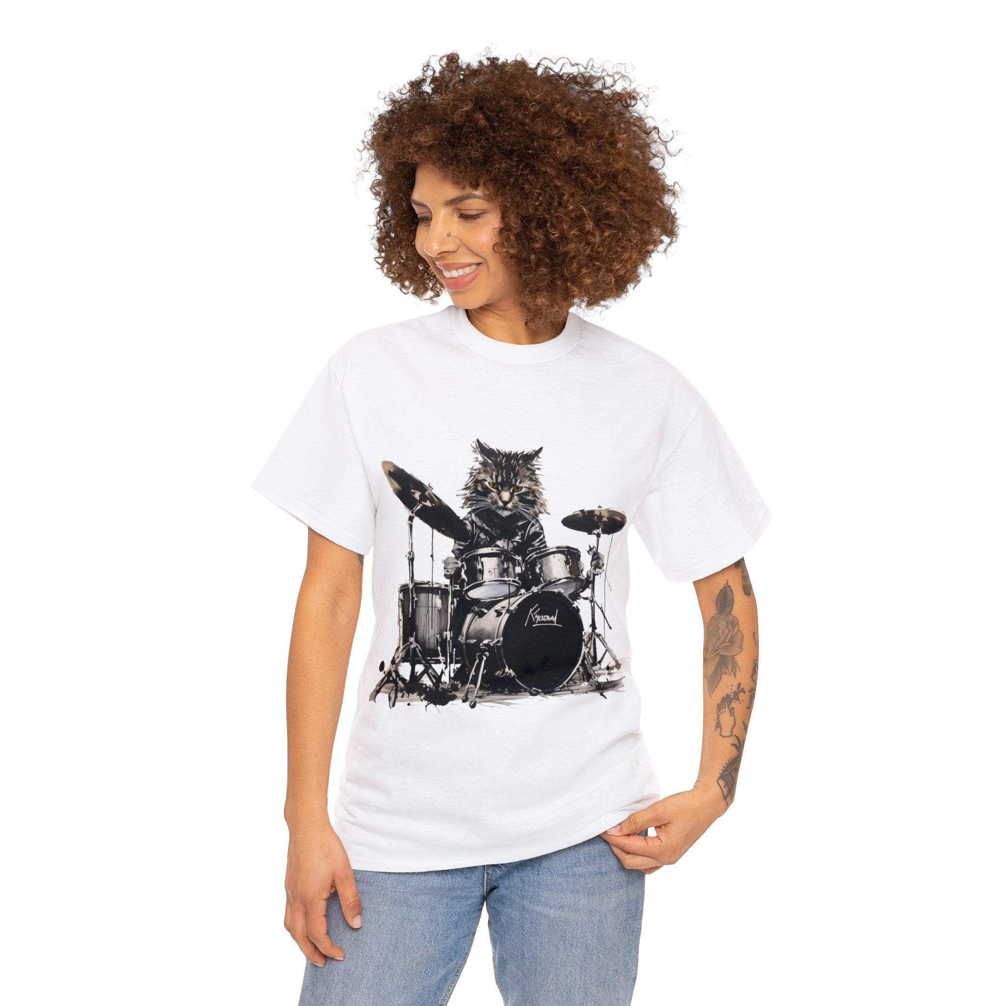 Rock 'n' Roll Cat Drummer T-shirt: Funny Linocut Design - Etsy