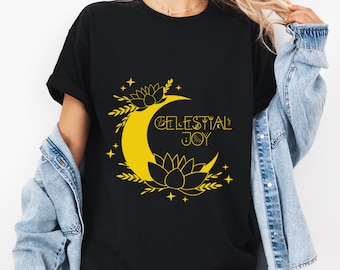 Celestial Joy T-Shirt: Moon Lotus Flower Line Design
