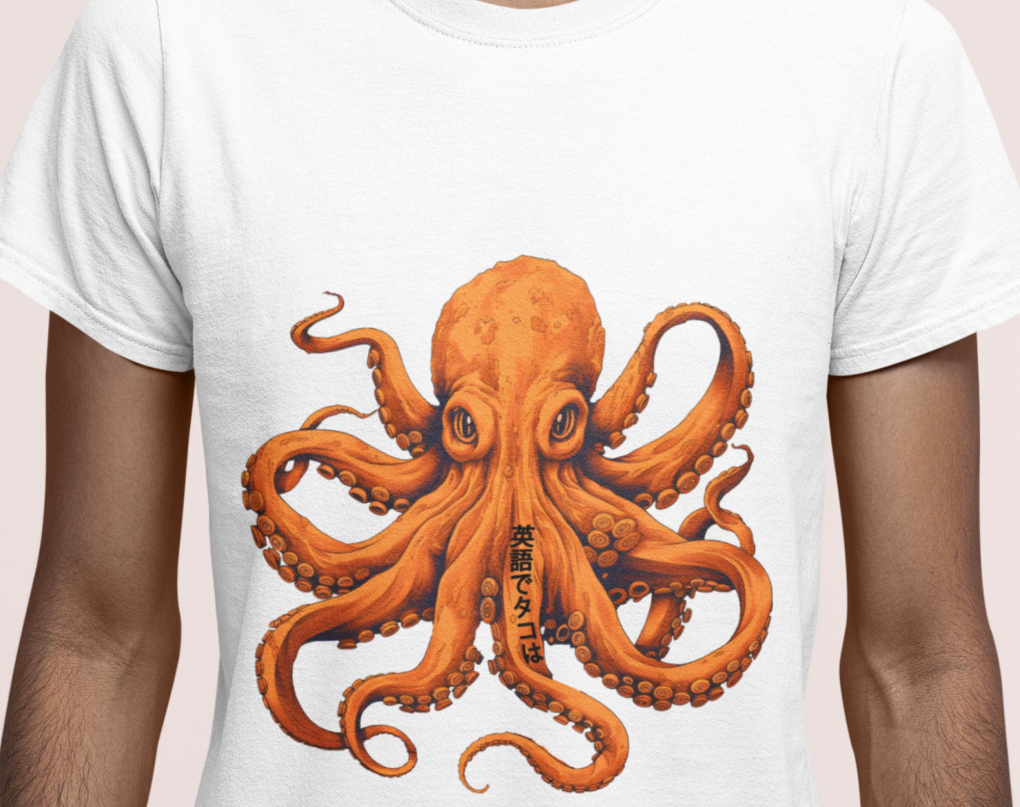 T-shirt orange Octopus : T-shirt kanji japonais vie marine