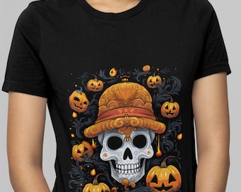 May include: Black t-shirt with a skull wearing a pumpkin hat surrounded by pumpkins and the text "Spooky Season".