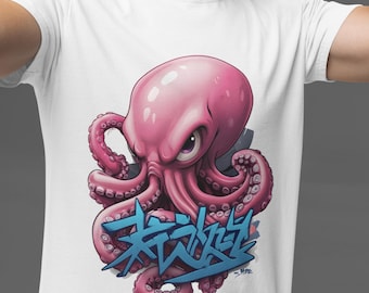 Pink Octopus Cartoon T-shirt: Graffiti Kanji Design