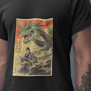 Japońska koszulka vintage unisex koszulka z grubej bawełny koszulka z nadrukiem komiksowym koszulka samuraj koszulka smok koszulka vintage retro design świetny prezent