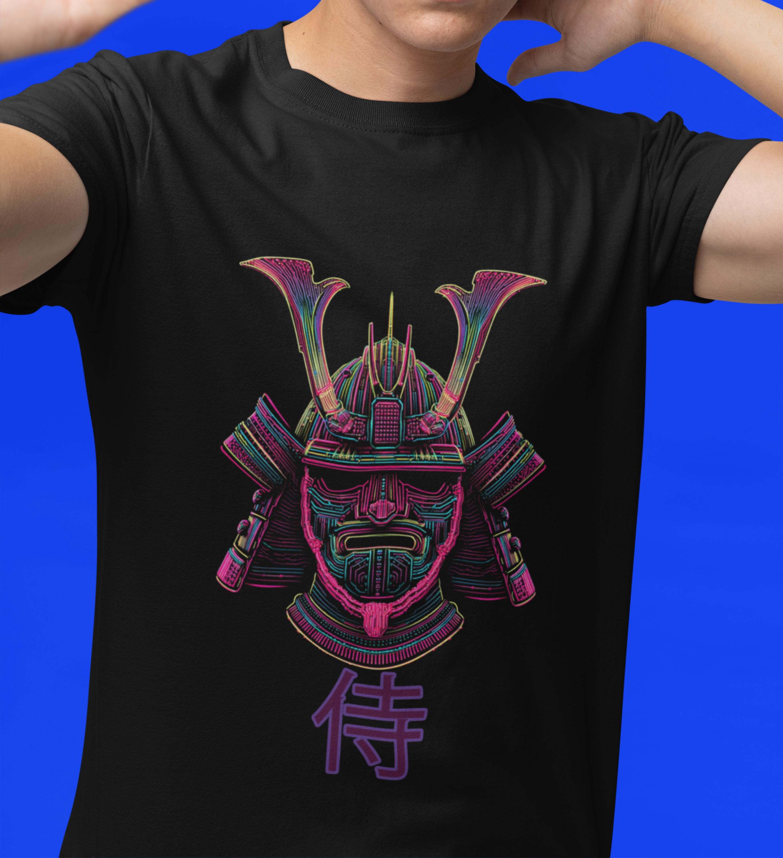 サイバーパンクサムライTシャツ：ネオンウォリアー ヴェイパーウェイヴ