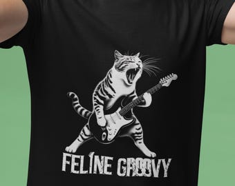 Rock 'n' Roll Cat Guitar T-Shirt: Linocut Style, Music Lover Gift