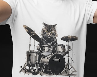 Rock 'n' Roll Cat Drummer T-Shirt: Funny Linocut Design