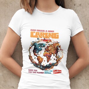 Caring World T-Shirt, Unisex schweres Baumwoll-T-Shirt, Weltkarte-Shirt Selbstfürsorge-T-Shirt, t Kinder-Planeten-Shirt positive Nachricht T-Shirt, Globus-Shirt Geschenk