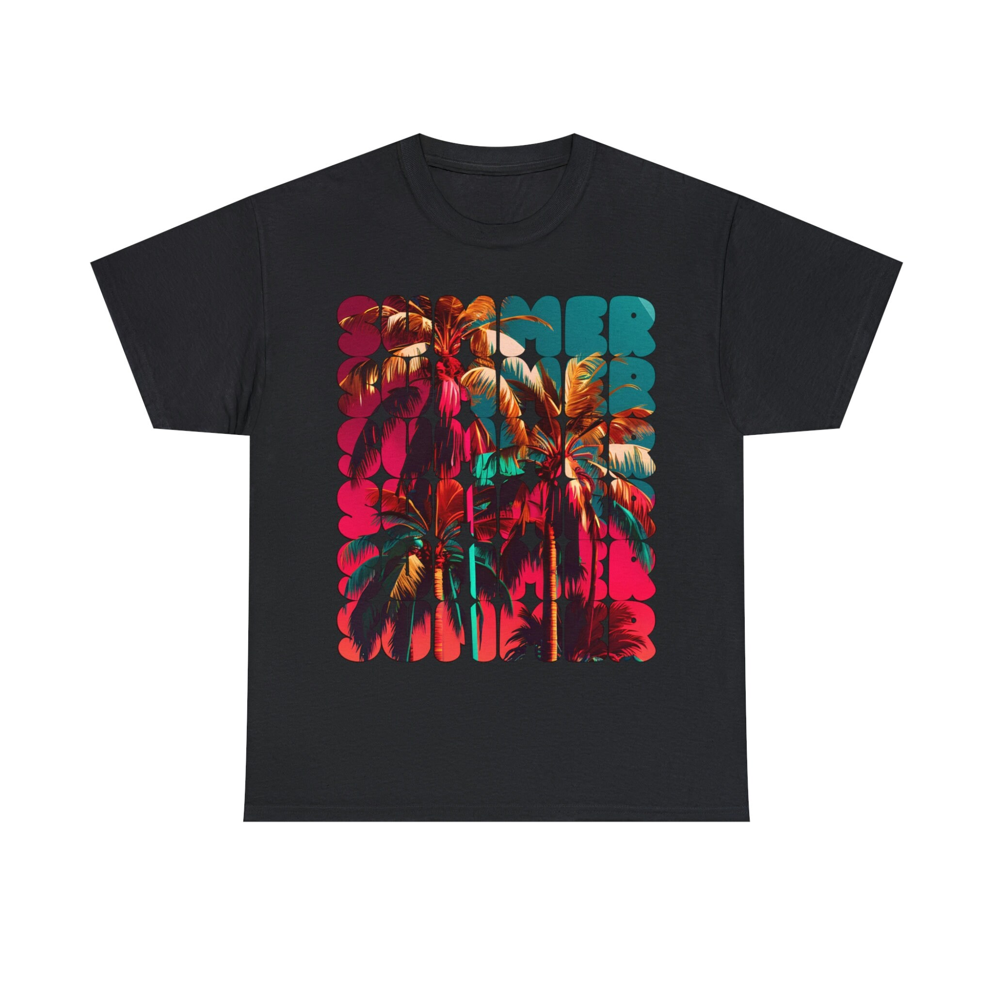 サマーパームツリーTシャツ：ユニセックスヘビーコットンビーチTシャツ 