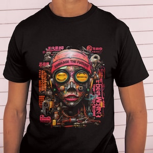Gamers T-Shirt, japanisches Kanji-Shirt, Poster-Kunst-T-Shirt, AI-T-Shirt, Cyber-Roboter-Gesicht-Top, Cyber-Punk-T-Shirt, futuristische Kleidung Gamers-Geschenk