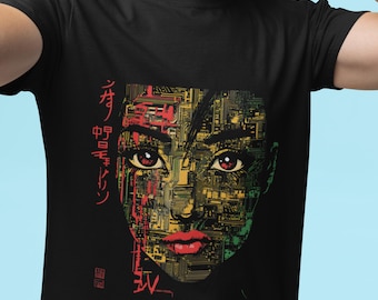 Cyberpunk T-Shirt: Japanese Circuit Board Face, Unisex Cotton Tee