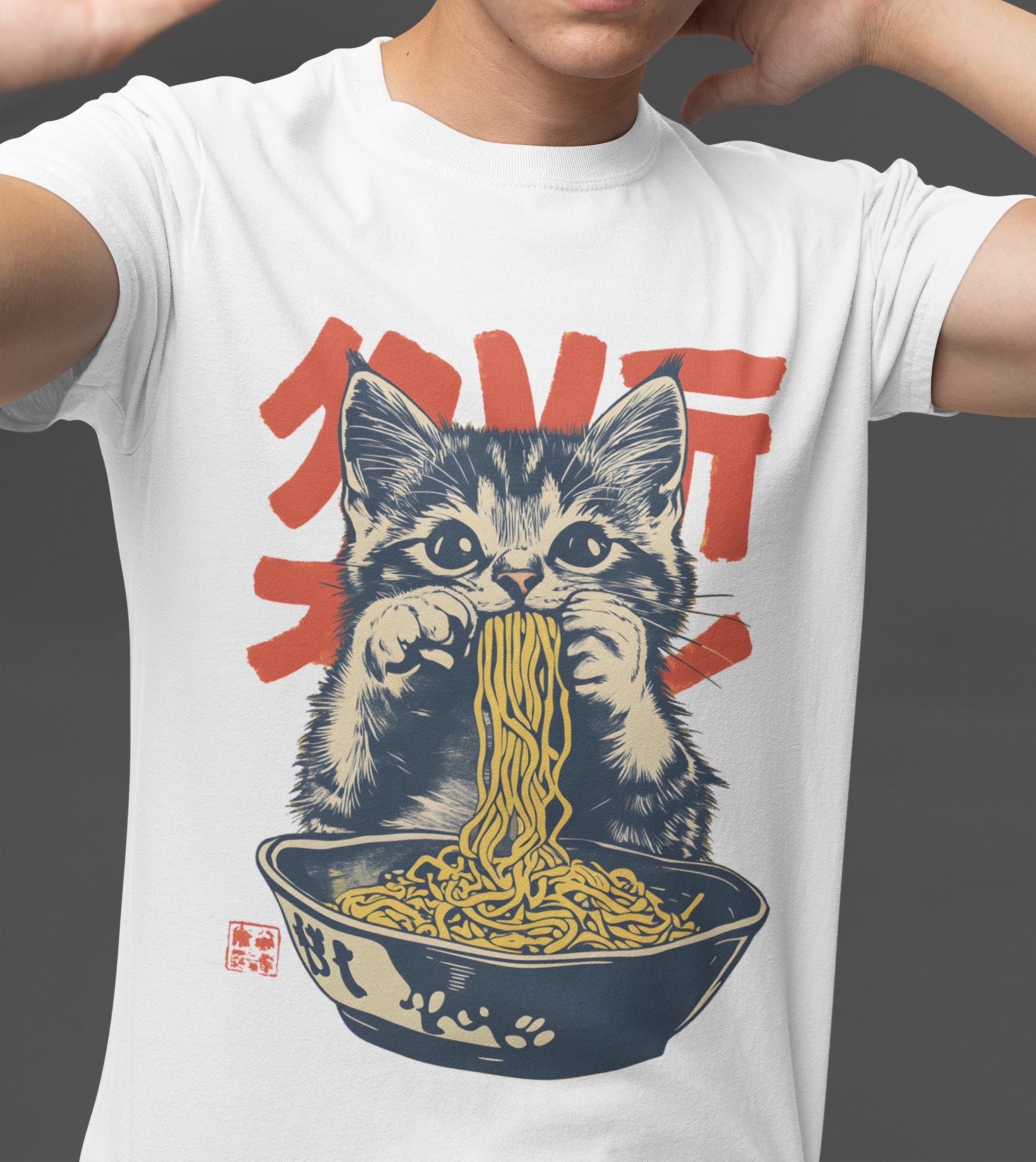Retro Cat Ramen T-Shirt, Cute Kitty Tee, Vintage Poster Graphic Shirt, Unisex Heavy Cotton Top, Funny Animal Gift, Food Lover Clothing