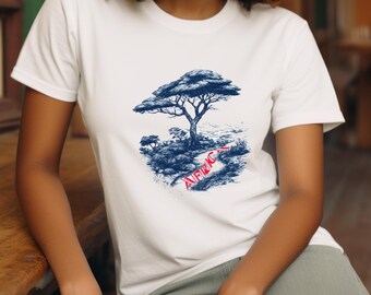 Vintage Africa T-Shirt: Blue Line Art, Red Africa Print
