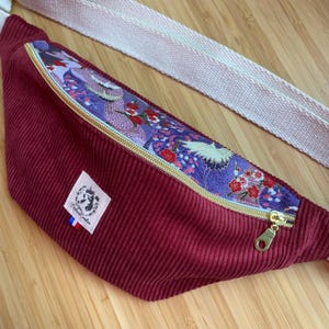 Sac banane personnalisé cousu main en velours côtelé et tissu « Jardin Japonais » au choix, cadeau femme