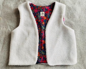 Women's/Girls' Reversible Sleeveless Vest, Floral Cotton & Ecru Faux Sheepskin - Handmade, Customizable, Choice of Cottons