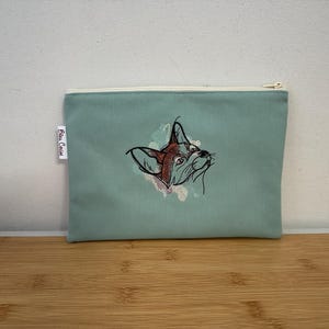 Flache Tasche mit besticktem Fuchsmotiv, Fleece, Baumwollfutter. Federmäppchen, Kosmetiktasche usw.