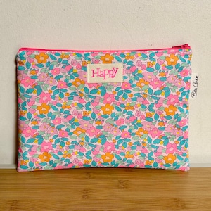 Pochette,  molletonnée, doublée Liberty rare  « Betsy Berry néon Delight », Pochette de sac, trousse maquillage accessoires…