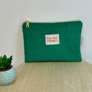 Pochette trousse plate en velours côtelé vert et doublure Liberty, doublée, molletonnée, pochette maquillage, trousse à crayons …