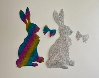 Glittery flex rabbit iron-on patch, available in various colors