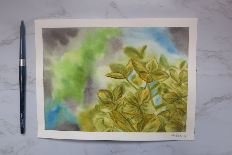 9x12 Original Watercolor Painting Green Hydrangea Flowers
