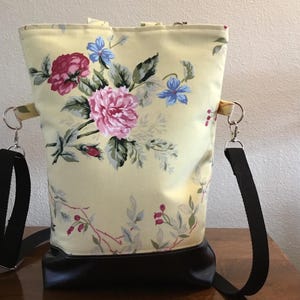Hand made Tote Bag in Yellow with Vintage English Roses and Black faux leather trim