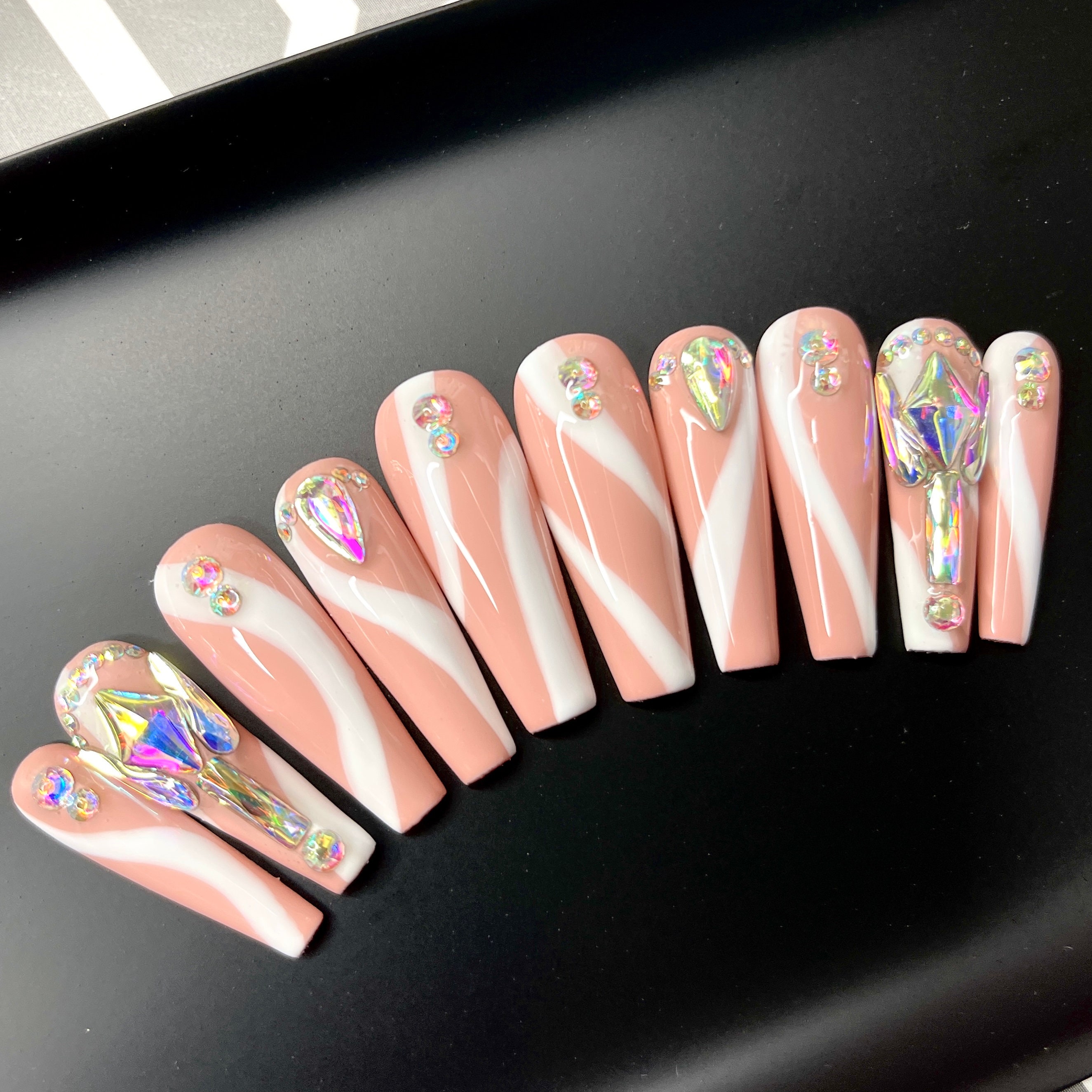Nude White Swirl Abstract Wavy Press on Nails Rhinestone Bling - Etsy