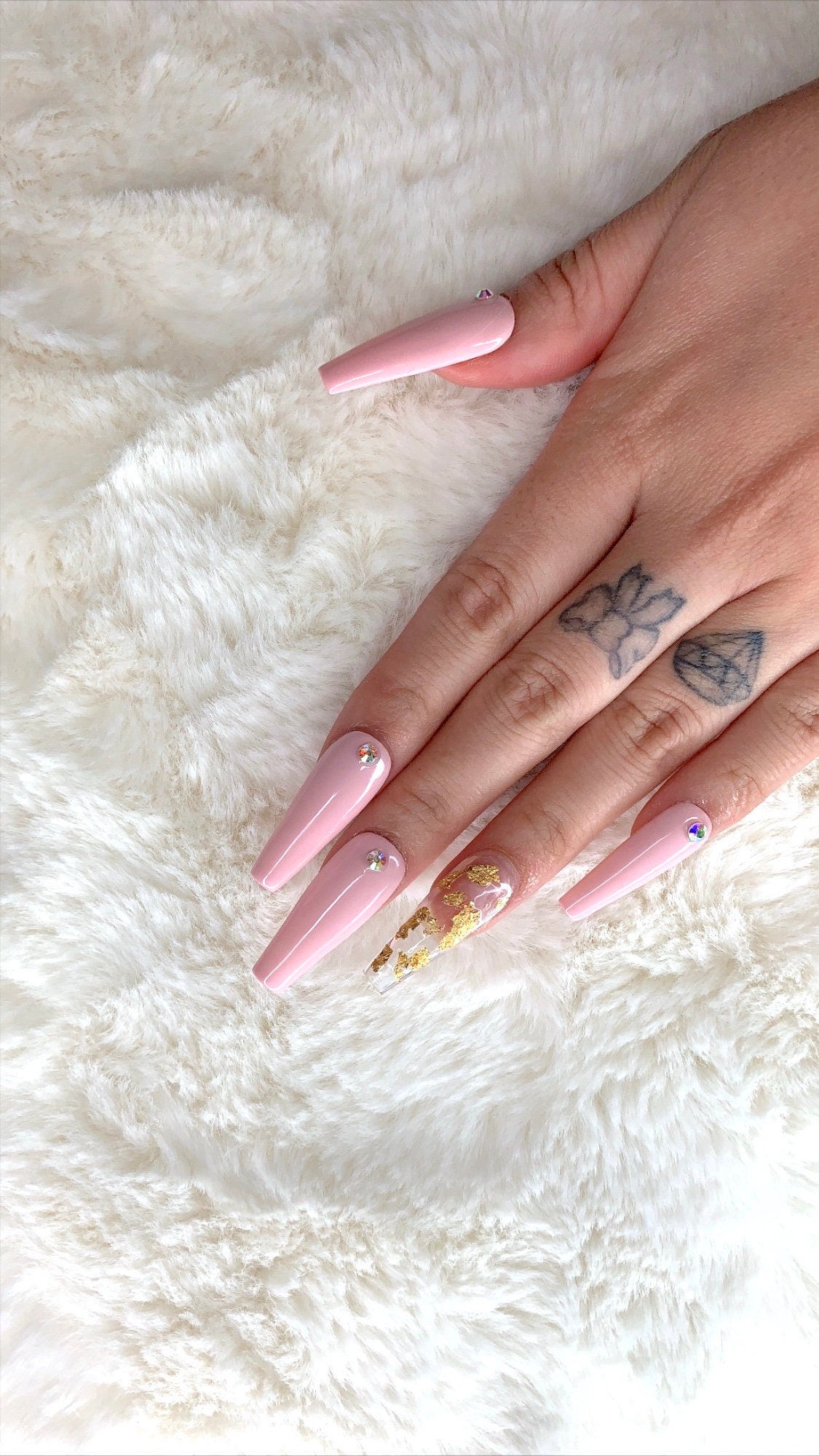 Pink Pastel Gold Foil Clear Bling Rhinestone Nails Coffin Long - Etsy