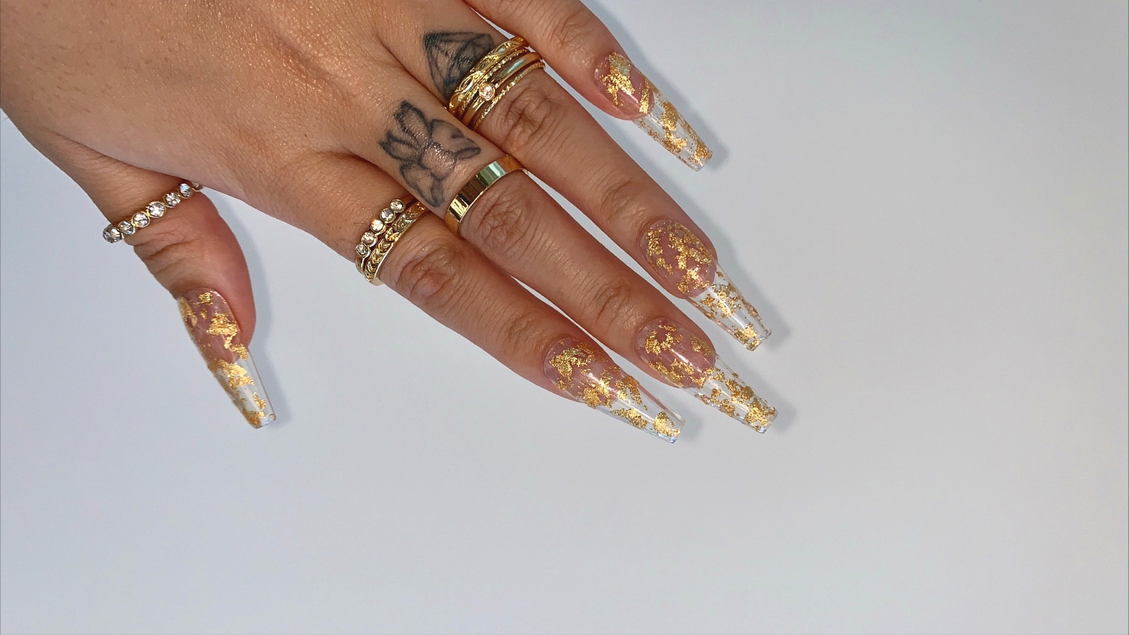 Gold Foil Clear Flake Press on Nail Design Long Coffin Gel X - Etsy Israel
