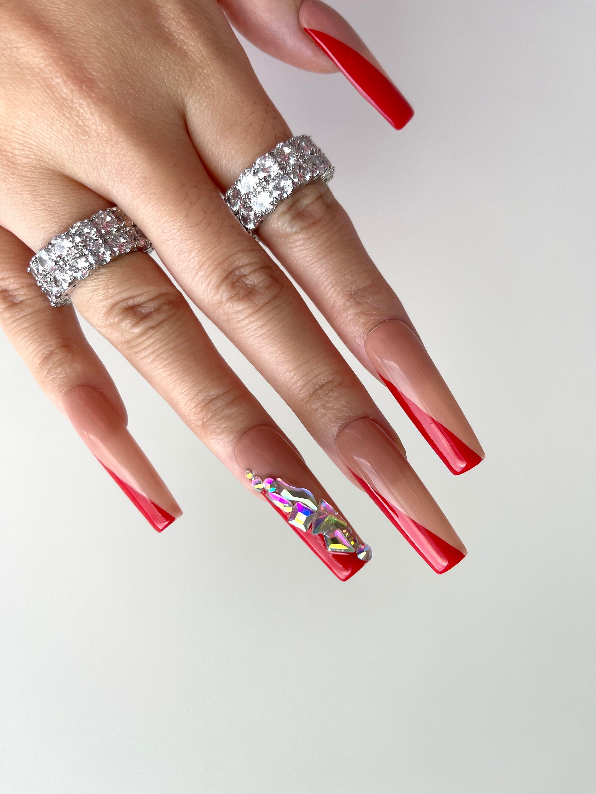 Red Side Tip Nails Bling Rhinestone Nude Nails French Tips V Etsy