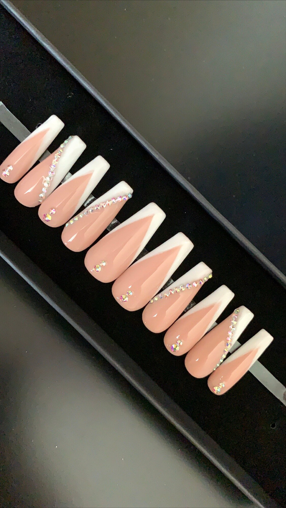 Nude White French V Tip Rhinestone Nails Press on Nails - Etsy